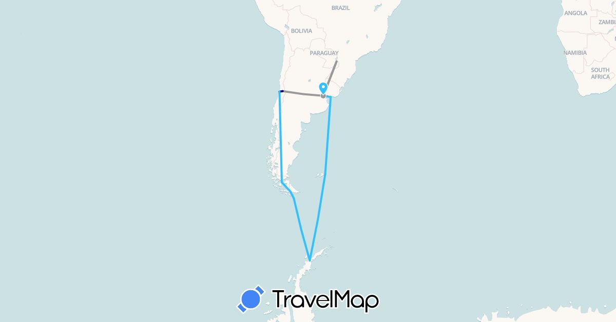 TravelMap itinerary: driving, plane, boat in Argentina, Chile, Falkland Islands, Uruguay (South America)